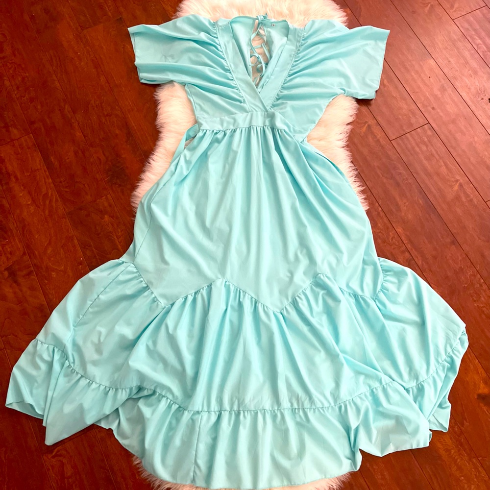 Baby Blue, Deep V, Open Back, Maxi Dress